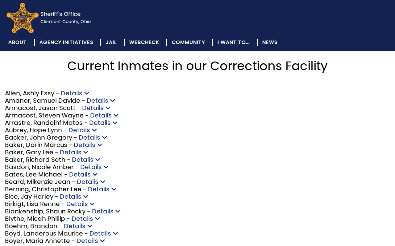 Clermont County current-custody roster booking record search