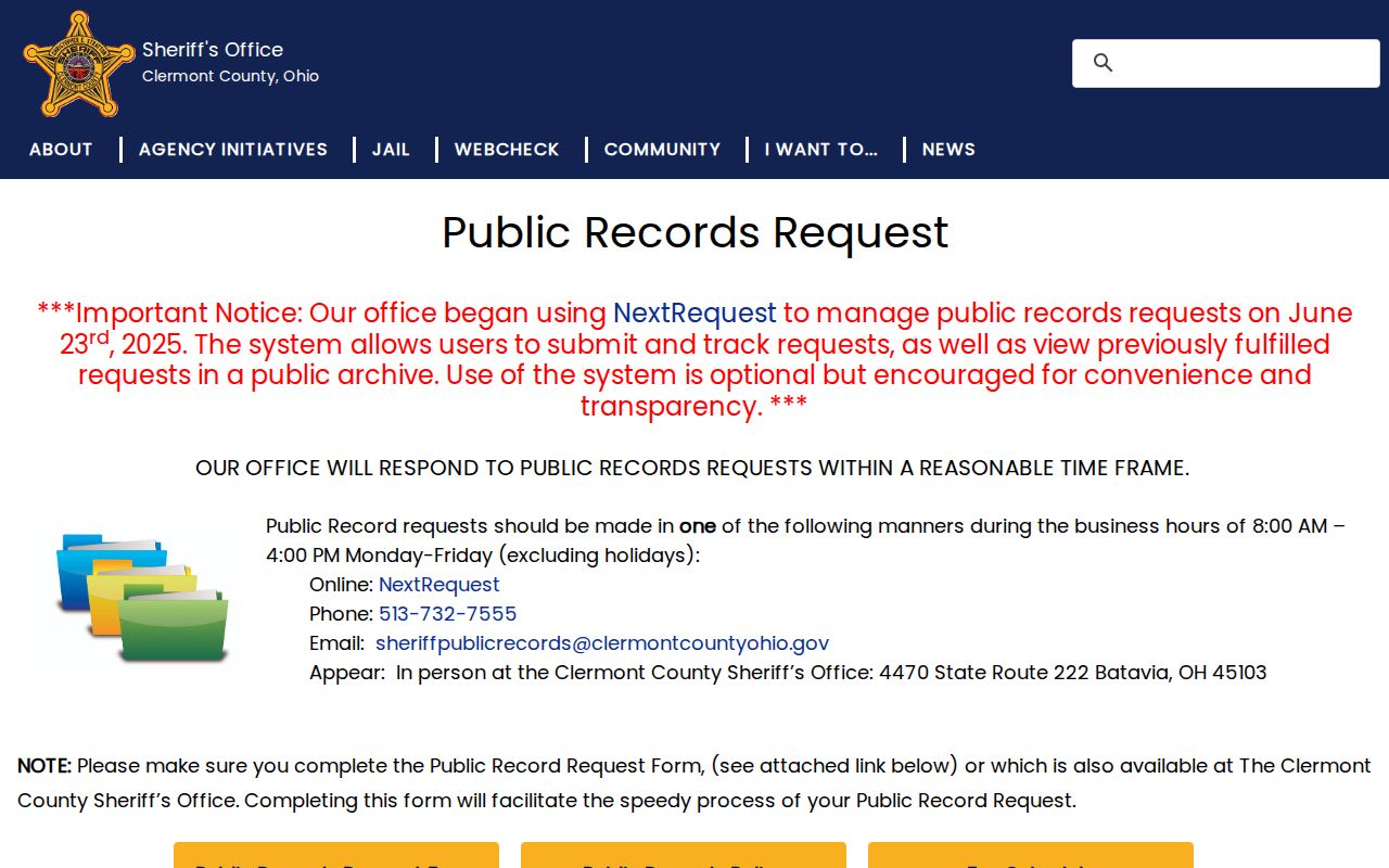 Clermont County Sheriff booking record public-records request page